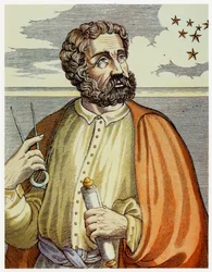 Retrato de Fernão de Magalhães (1480 - 1521) com instrumentos de navegação. (cor lito.)